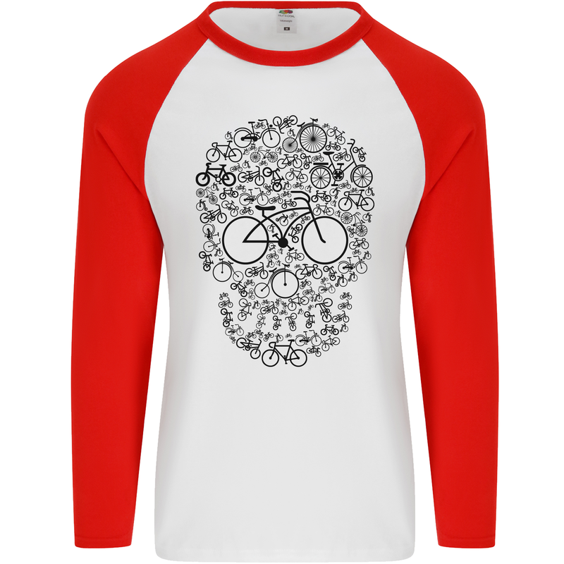 Bicycle Skull Cyclist Funny Cycling  Bike Mens L/S Baseball T-Shirt White/Red