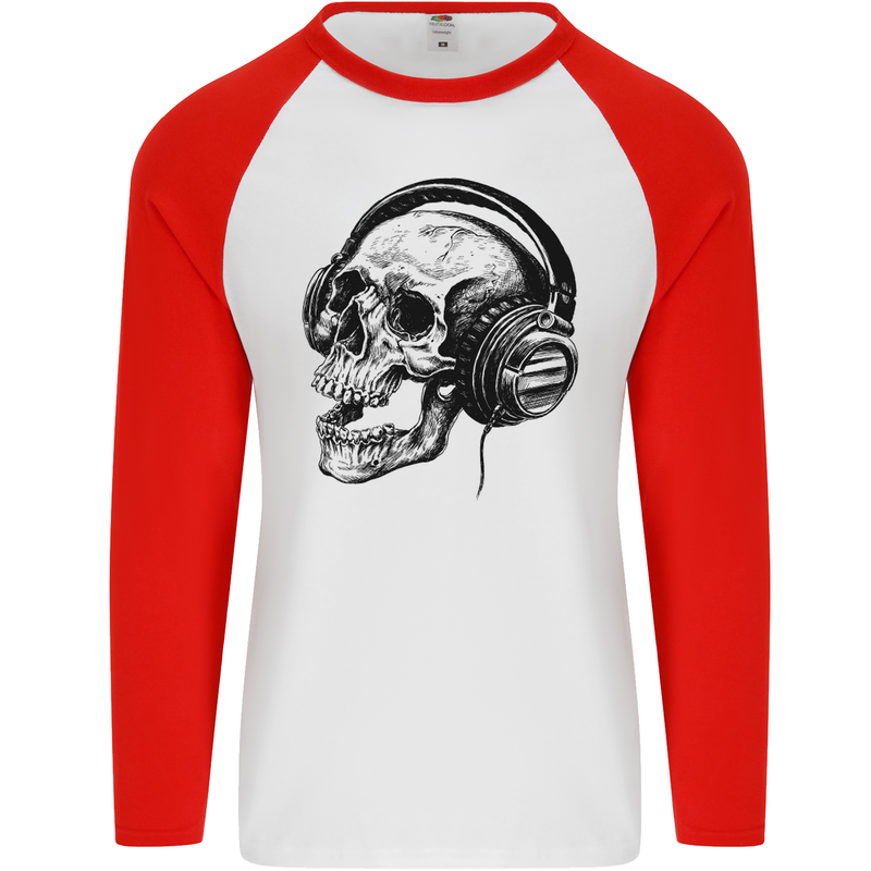 Skull Headphones Gothic Rock Music DJ Mens L/S Baseball T-Shirt White/Red