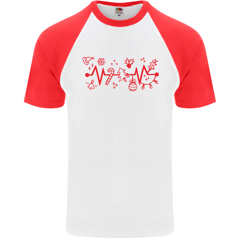 Christmas ECG Xmas Heartbeat Love Heart Mens S/S Baseball T-Shirt White/Red
