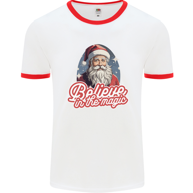 Santa Believe in the Magic Christmas Xmas Mens Ringer T-Shirt White/Red
