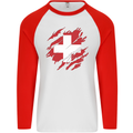 Torn Switzerland Flag Swiss Day Football Mens L/S Baseball T-Shirt White/Red