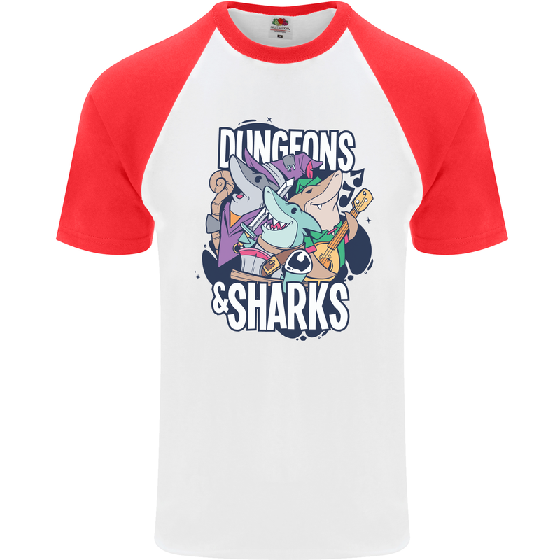 Dungeons & Sharks Role Play Games RPG Mens S/S Baseball T-Shirt White/Red