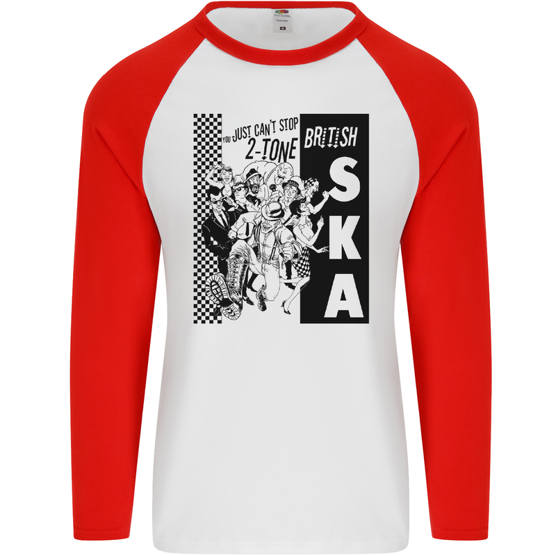 Can't Stop 2-Tone British SKA 2Tone Mens L/S Baseball T-Shirt White/Red