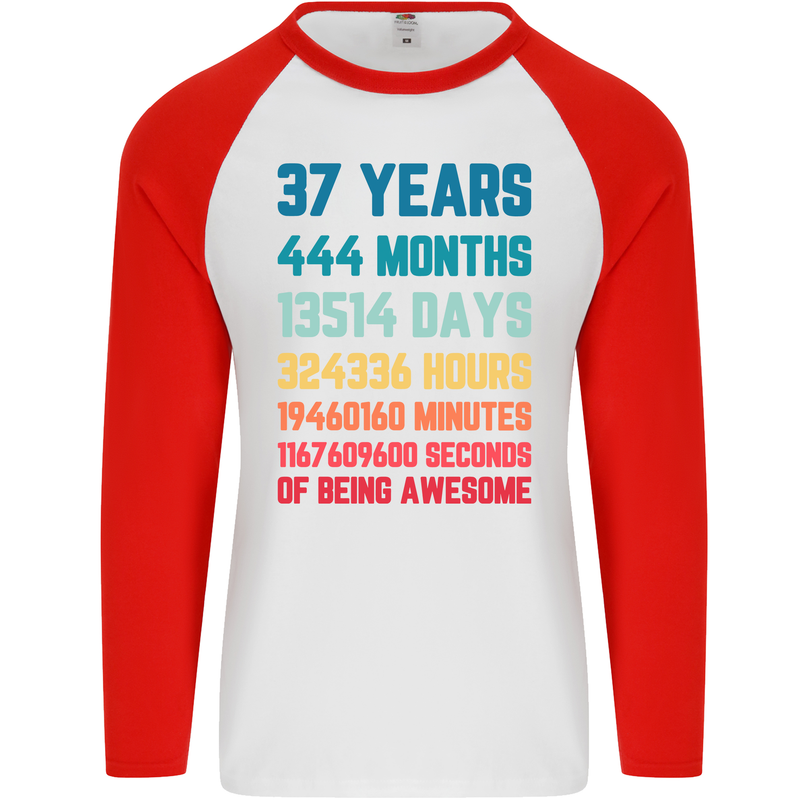 37th Birthday 37 Year Old Mens L/S Baseball T-Shirt White/Red