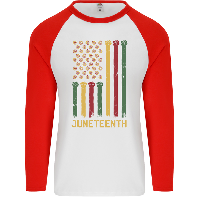 Juneteenth Black Lives Matter USA Flag Mens L/S Baseball T-Shirt White/Red
