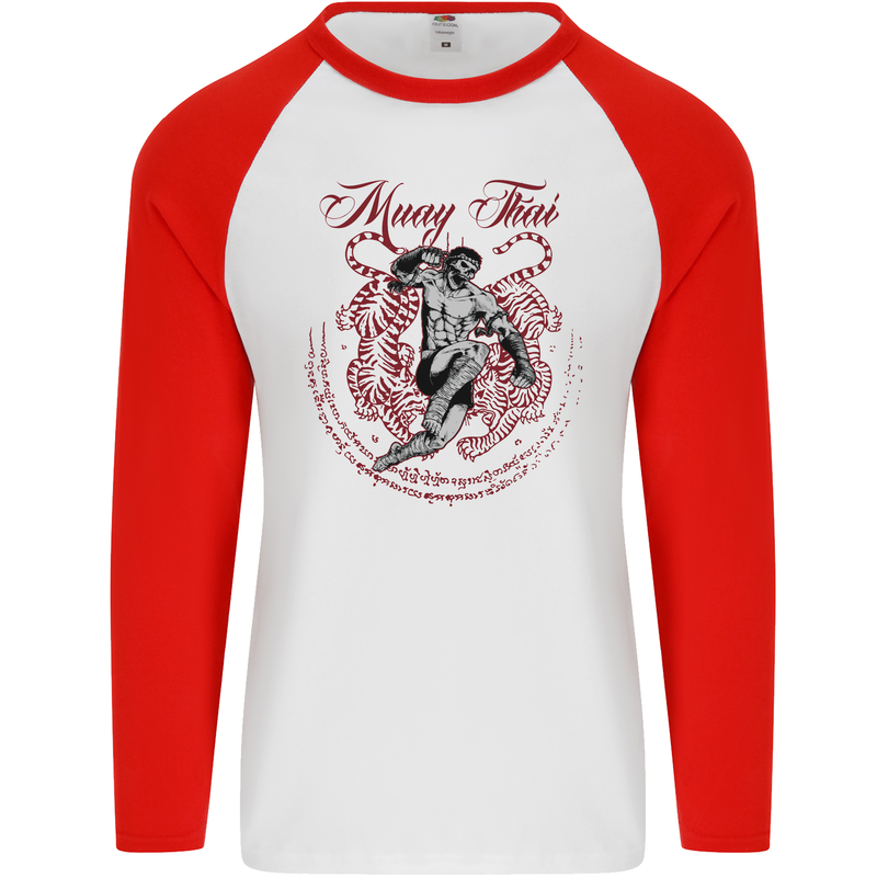 Muay Thai Tiger Warrior MMA Martial Arts Mens L/S Baseball T-Shirt White/Red