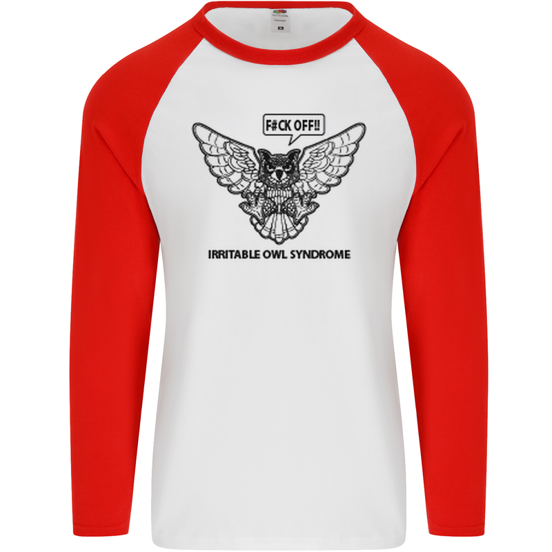 Irritable Owl Syndrome Bowel IBS Funny Mens L/S Baseball T-Shirt White/Red