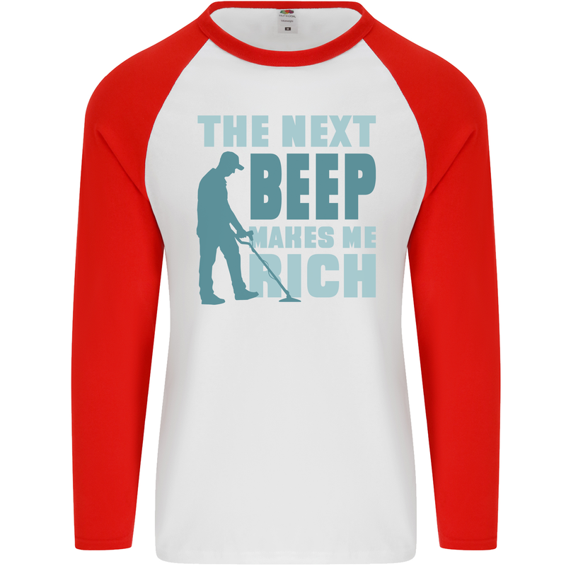 Metal Detecting The Next Beep Funny Mens L/S Baseball T-Shirt White/Red