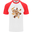 Africa Wildlife Map Giraffe Rhino Ape Elephant Lion Mens S/S Baseball T-Shirt White/Red