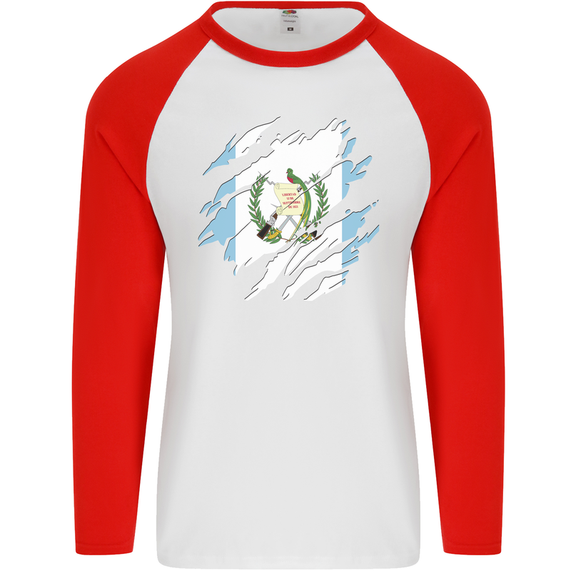 Torn Guatemala Flag Guatemalan Day Football Mens L/S Baseball T-Shirt White/Red