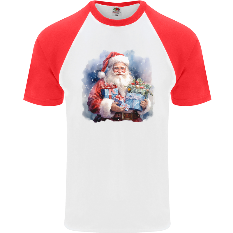 Traditional Santa Christmas Design Xmas Mens S/S Baseball T-Shirt White/Red