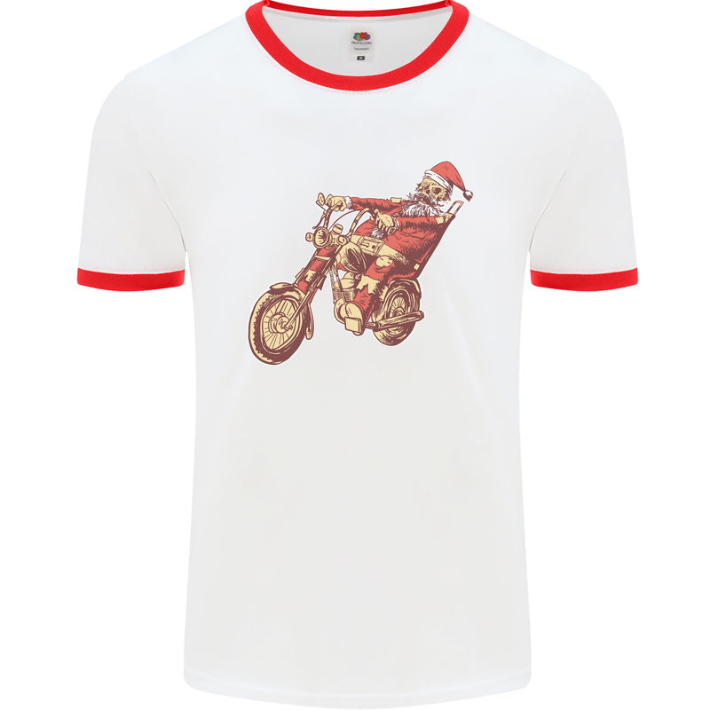 Biker Santa Christmas Motorcycle Chopper Skull Mens Ringer T-Shirt White/Red