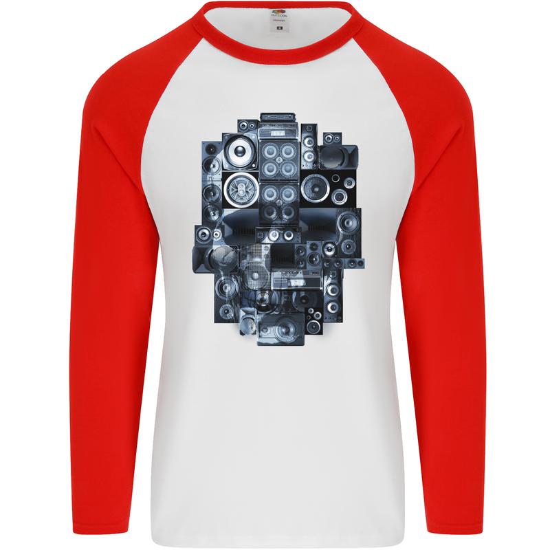 Speaker Skull Music Hi-Fi Mens L/S Baseball T-Shirt White/Red