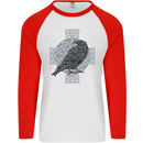 Odin Celtic Raven Viking Tattoo Cross Runic Mens L/S Baseball T-Shirt White/Red