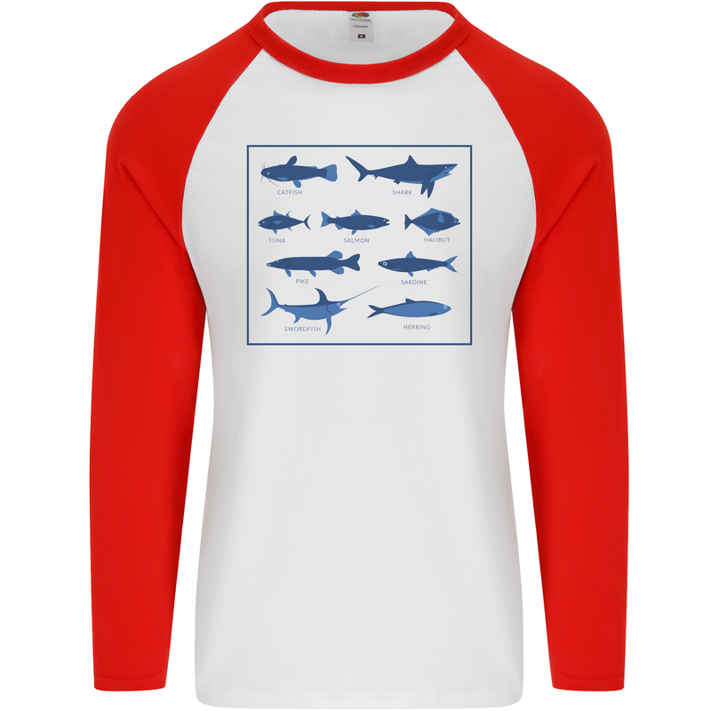 Fish Species Fishing Fisherman Shark Mens L/S Baseball T-Shirt White/Red