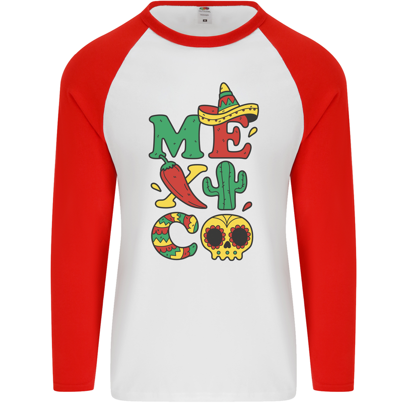 Symbols of Mexico Mens L/S Baseball T-Shirt White/Red