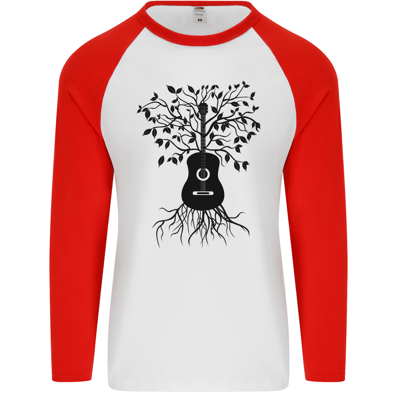 Acoustic Guitar Tree Roots Guitarist Music Mens L/S Baseball T-Shirt White/Red