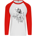 Zombie Cheer Skull Halloween Alcohol Beer Mens L/S Baseball T-Shirt White/Red