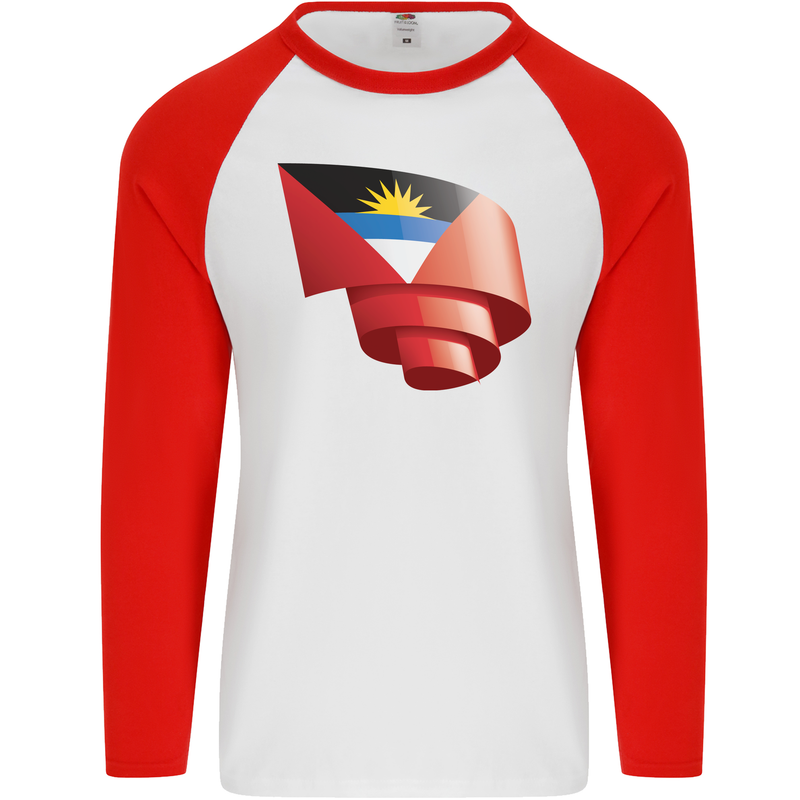 Curled Antigua and Barbuda Flag Day Football Mens L/S Baseball T-Shirt White/Red