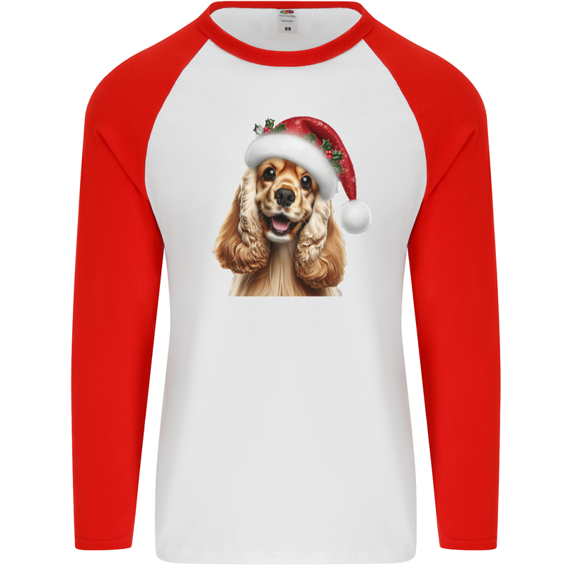 Christmas Cocker Spaniel Xmas Hat Dog Mens L/S Baseball T-Shirt White/Red