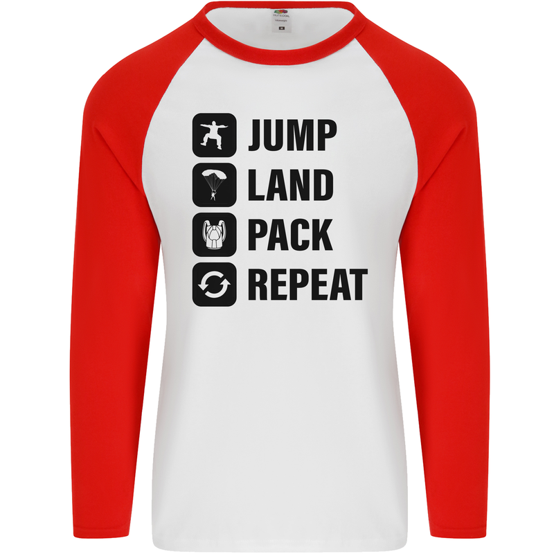 Skydiving Jump Land Pack Funny Skydiver Mens L/S Baseball T-Shirt White/Red