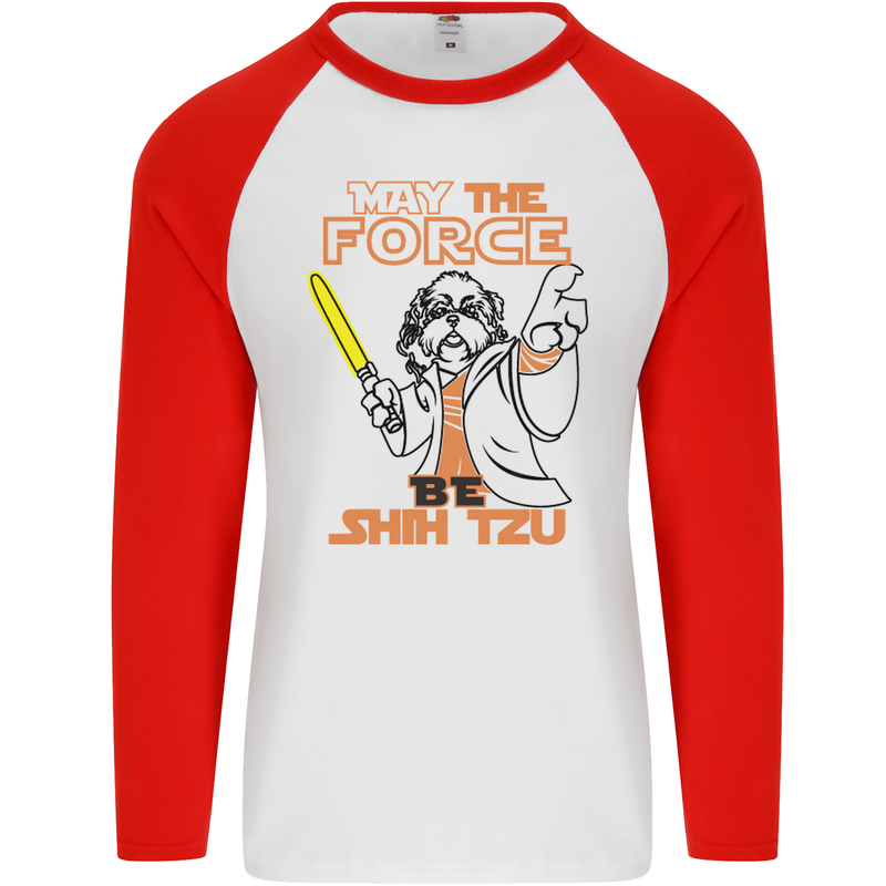 May the Force Be Shih Tzu Dog Funny Mens L/S Baseball T-Shirt White/Red