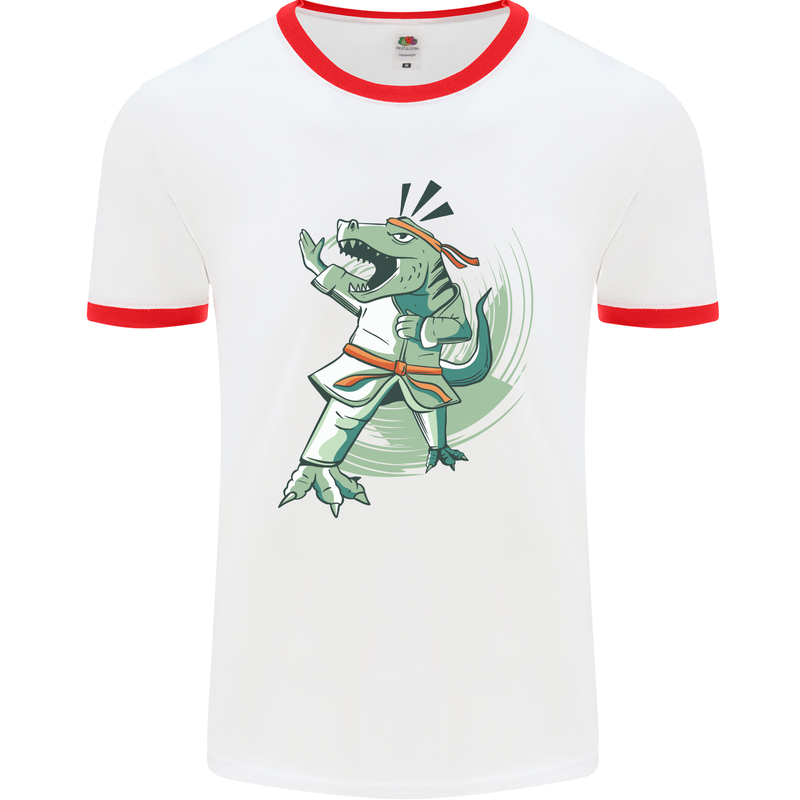 Karate T-Rex Dinosaur Mens Ringer T-Shirt White/Red