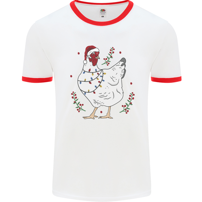A Christmas Chicken Wearing an Xmas Hat Mens Ringer T-Shirt White/Red