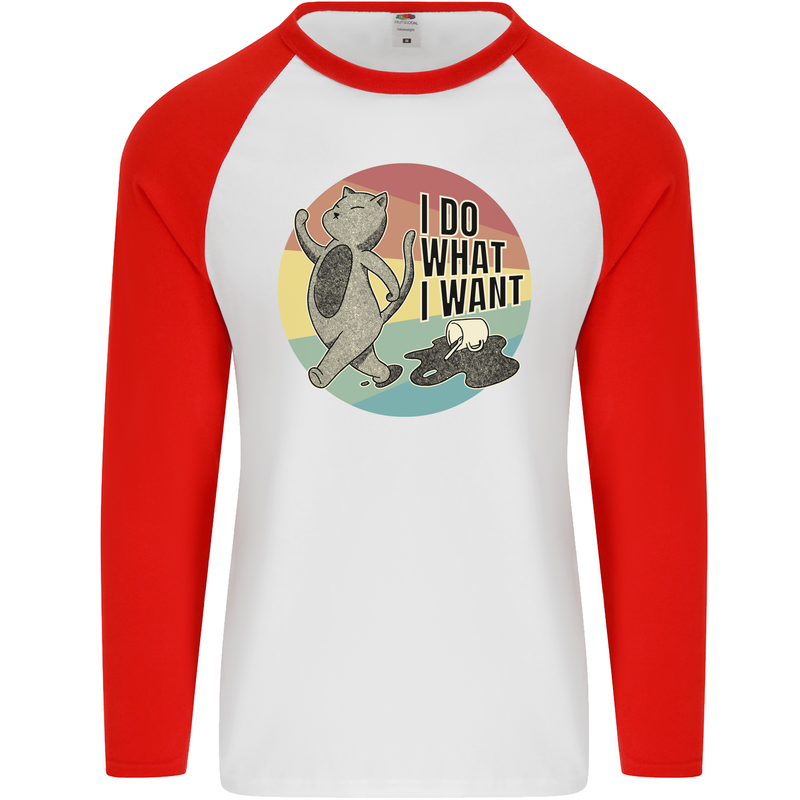 Cat I Do What I Want Funny Coffee Mens L/S Baseball T-Shirt White/Red