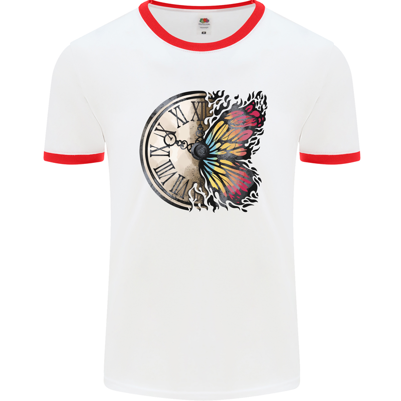 Butterfly Clock Mens Ringer T-Shirt White/Red