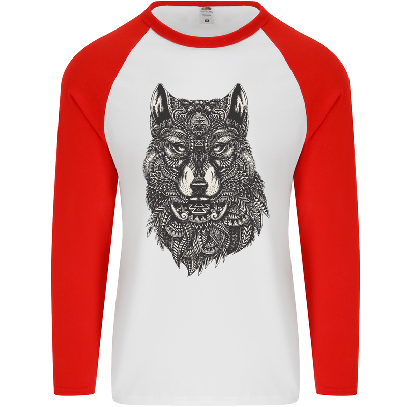 Abstract Dog Mandala Art Mens L/S Baseball T-Shirt White/Red