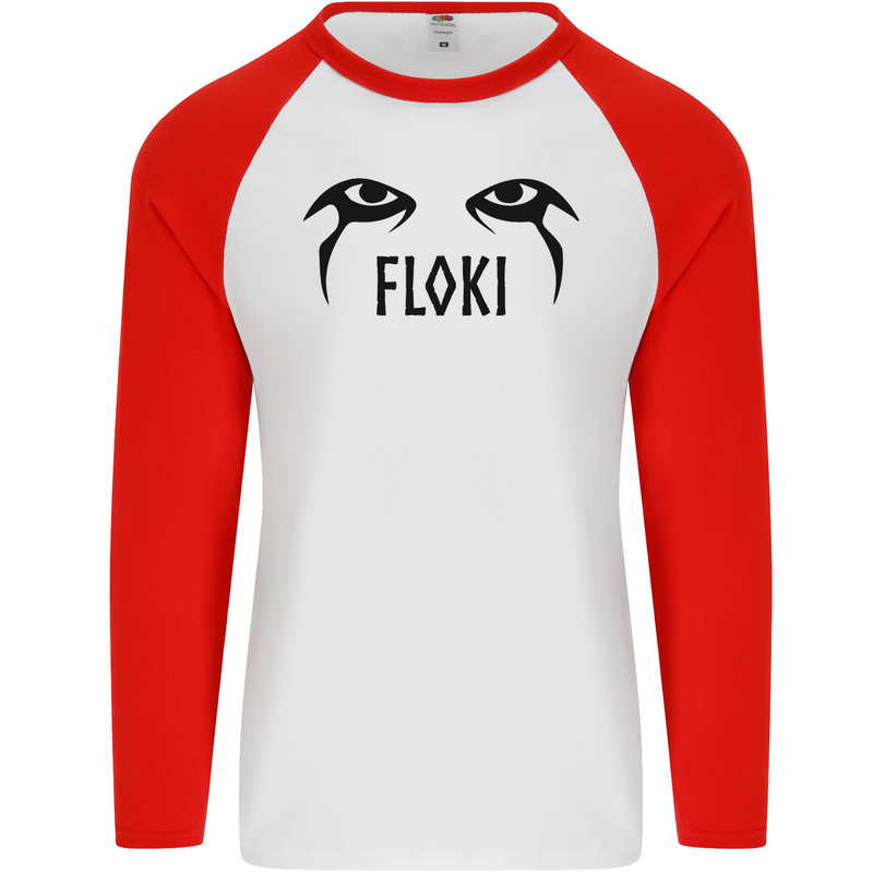 Floki Eyes Vikings Valhalla Odin Mens L/S Baseball T-Shirt White/Red