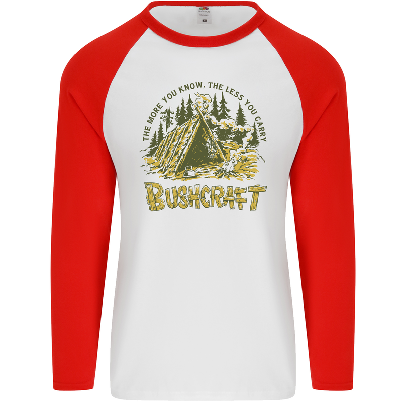 Bushcraft Funny Outdoor Pursuits Scouts Camping Mens L/S Baseball T-Shirt White/Red