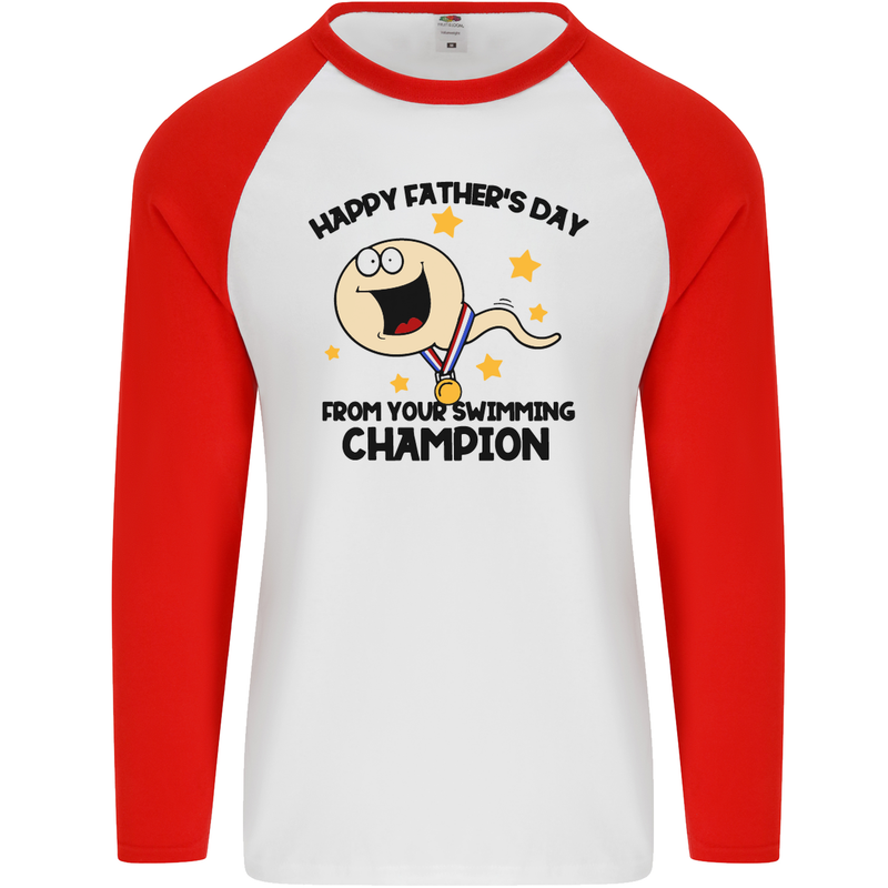 Swimming Champion Funny Fathers Day Dad Mens L/S Baseball T-Shirt White/Red