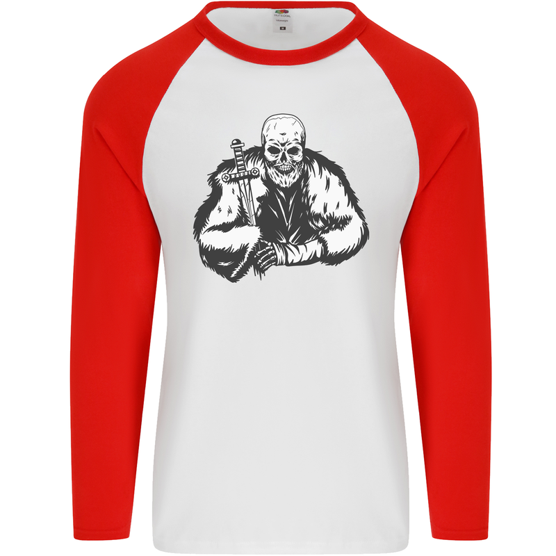 Viking Skull & Sword Thor Valhalla Mens L/S Baseball T-Shirt White/Red