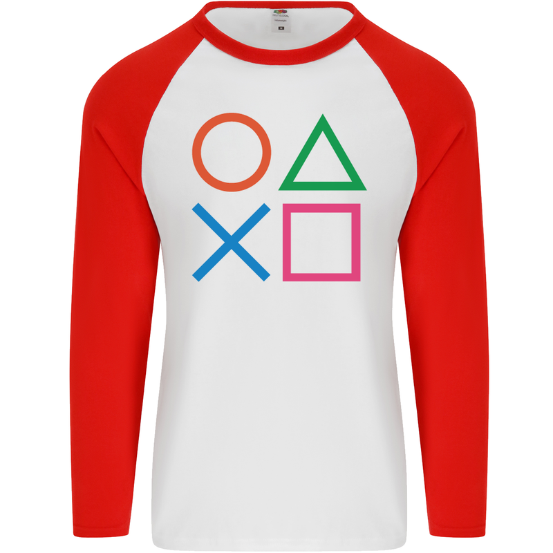 Arcade Game Console Buttons Gaming Gamer Mens L/S Baseball T-Shirt White/Red