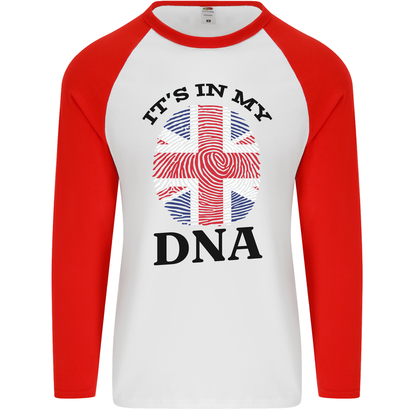 Britain Its in My DNA Funny Union Jack Flag Mens L/S Baseball T-Shirt White/Red
