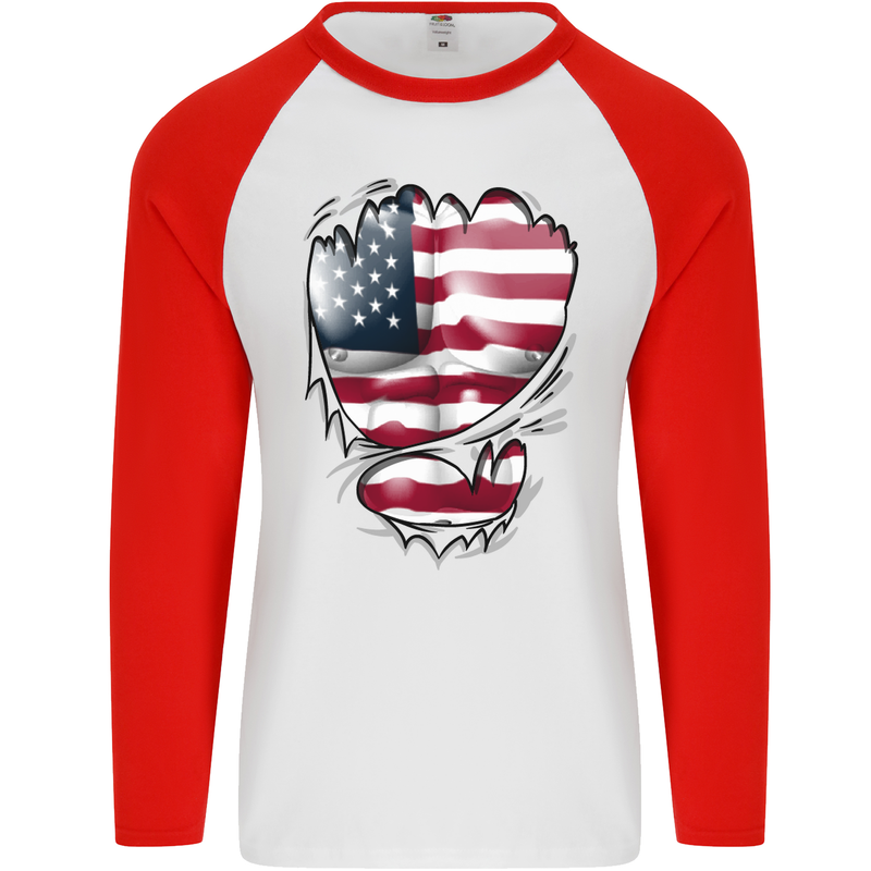 Gym Stars & Stripes American Flag Ripped Mens L/S Baseball T-Shirt White/Red