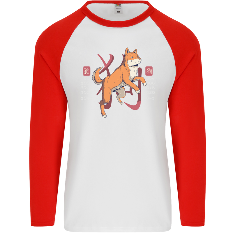 Chinese Zodiac Shengxiao Year of the Dog Mens L/S Baseball T-Shirt White/Red