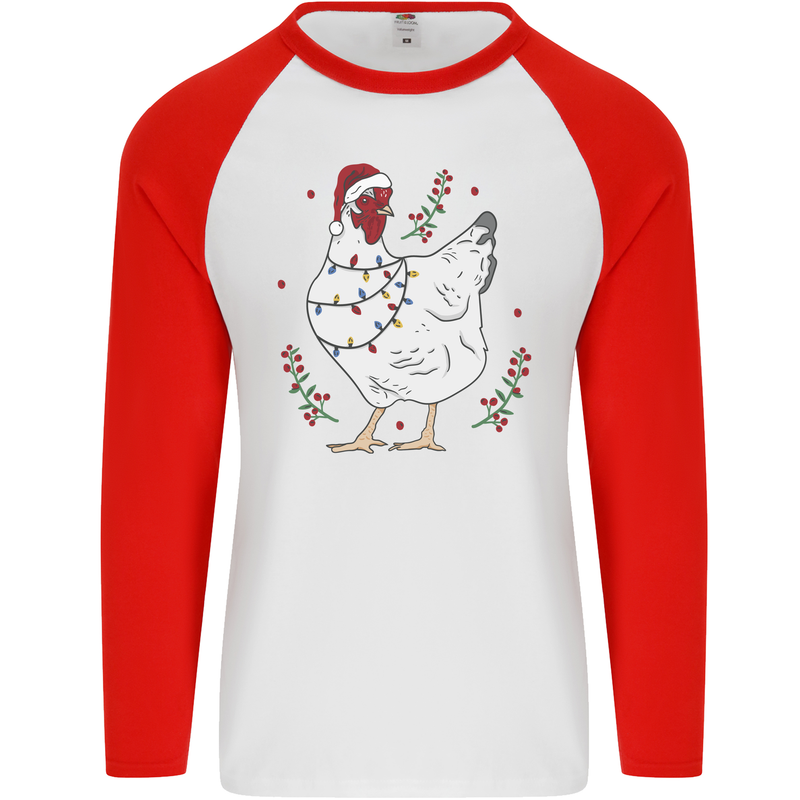 A Christmas Chicken Wearing an Xmas Hat Mens L/S Baseball T-Shirt White/Red