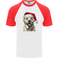 Christmas Golden Labrador Dog Xmas Hat Mens S/S Baseball T-Shirt White/Red