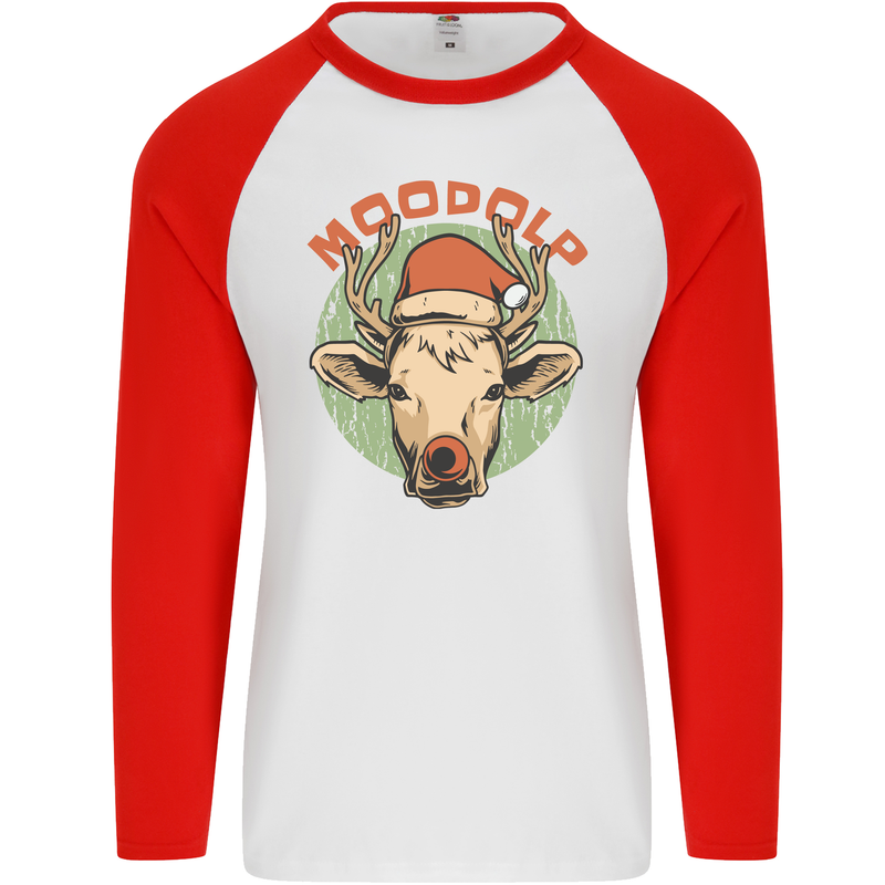 Moodolf Funny Rudolf Christmas Cow Mens L/S Baseball T-Shirt White/Red