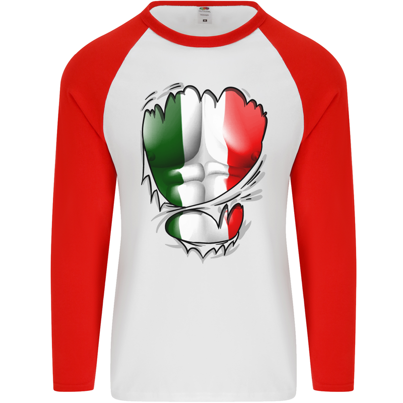 Gym Italian Flag Ripped Muscles Italy Mens L/S Baseball T-Shirt White/Red