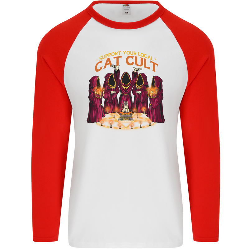 Cat Cult Evil Feline Devil Worship Satanic Mens L/S Baseball T-Shirt White/Red