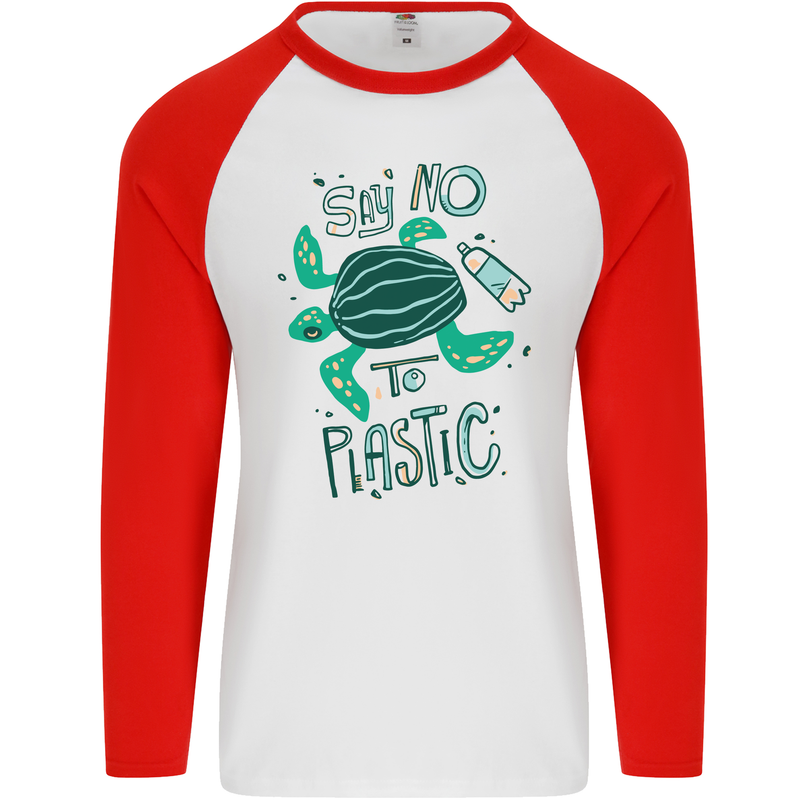 Climate Change Say No To Plastic Mens L/S Baseball T-Shirt White/Red