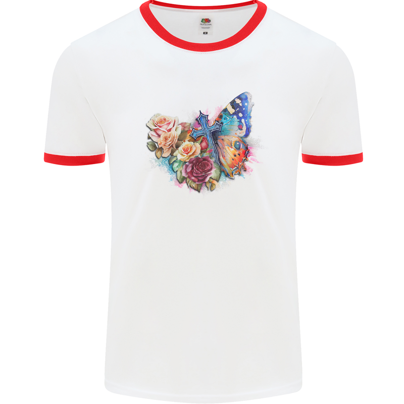 Christian Cross & Butterfly With Flowers Mens Ringer T-Shirt White/Red