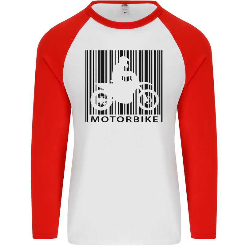 Motorbike Barcode Biker Motorcycle Mens L/S Baseball T-Shirt White/Red