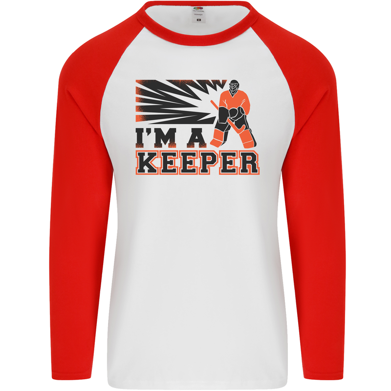 Hockey I'm a Keeper Funny Ice Street Mens L/S Baseball T-Shirt White/Red