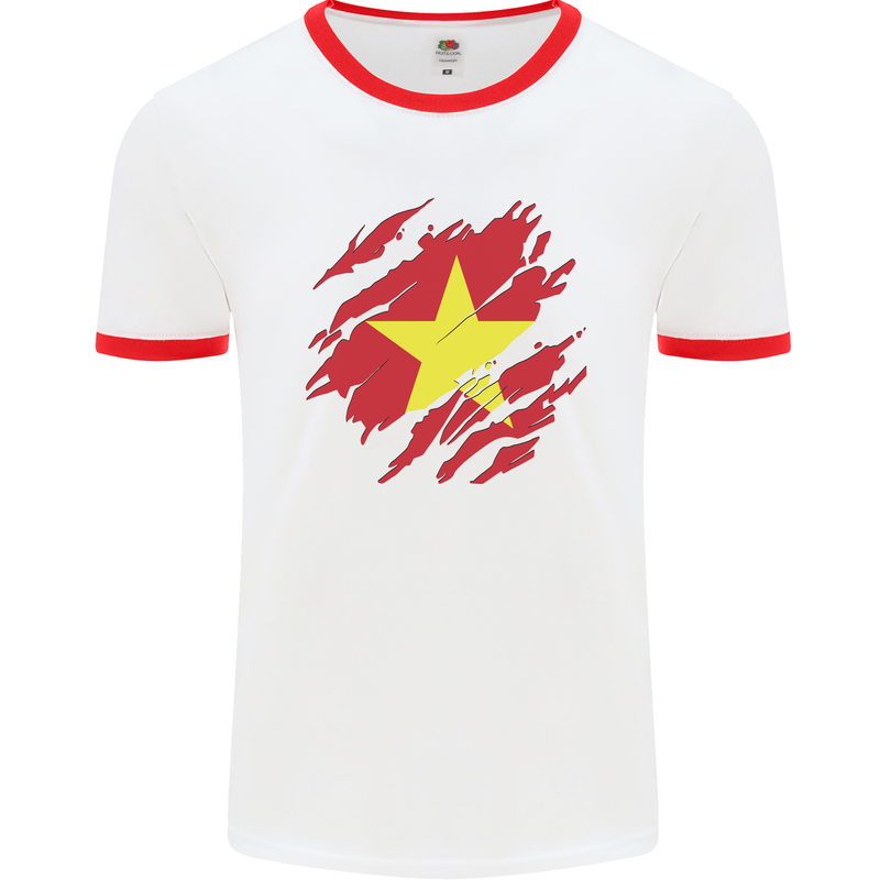 Torn Vietnam Flag Vietnamese Day Football Mens Ringer T-Shirt White/Red