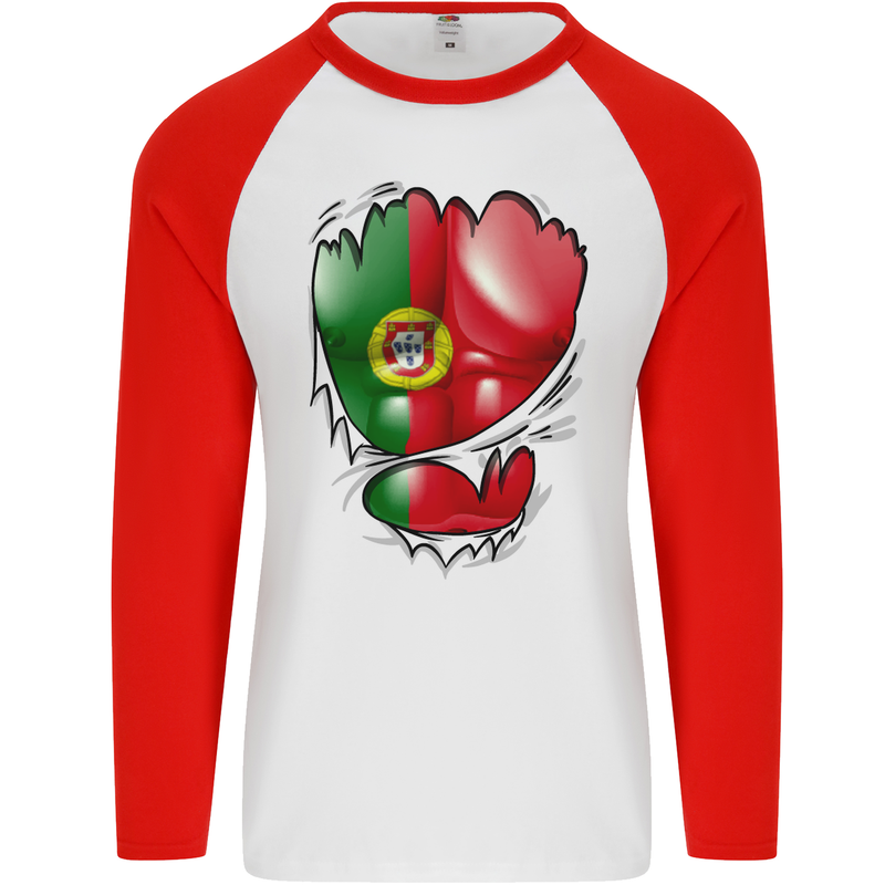 Gym Portuguese Flag Ripped Muscles Portugal Mens L/S Baseball T-Shirt White/Red